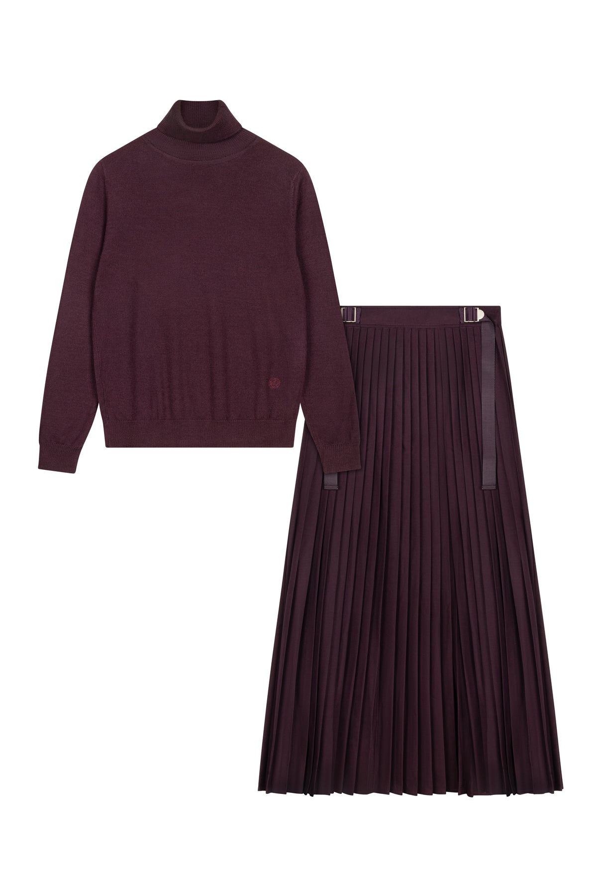 Turtleneck Sweater And Micro Pleated Skirt With Buckle Detail On Waist