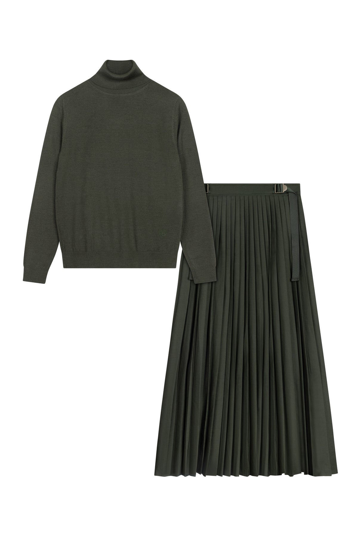Turtleneck Sweater And Micro Pleated Skirt With Buckle Detail On Waist