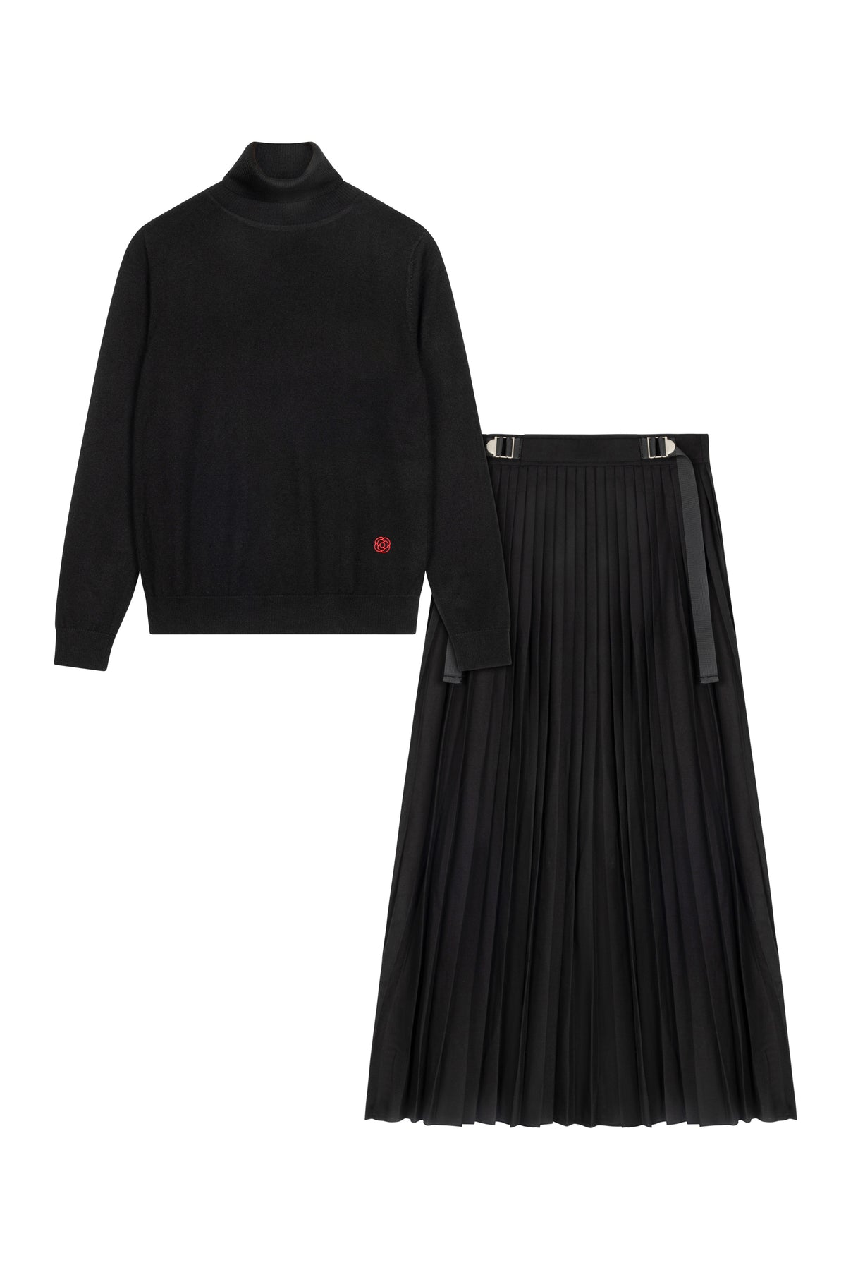 Turtleneck Sweater And Micro Pleated Skirt With Buckle Detail On Waist