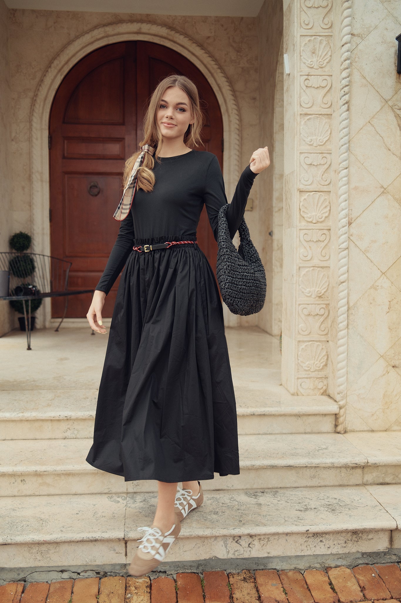 Gathered Skirt with Red Belt