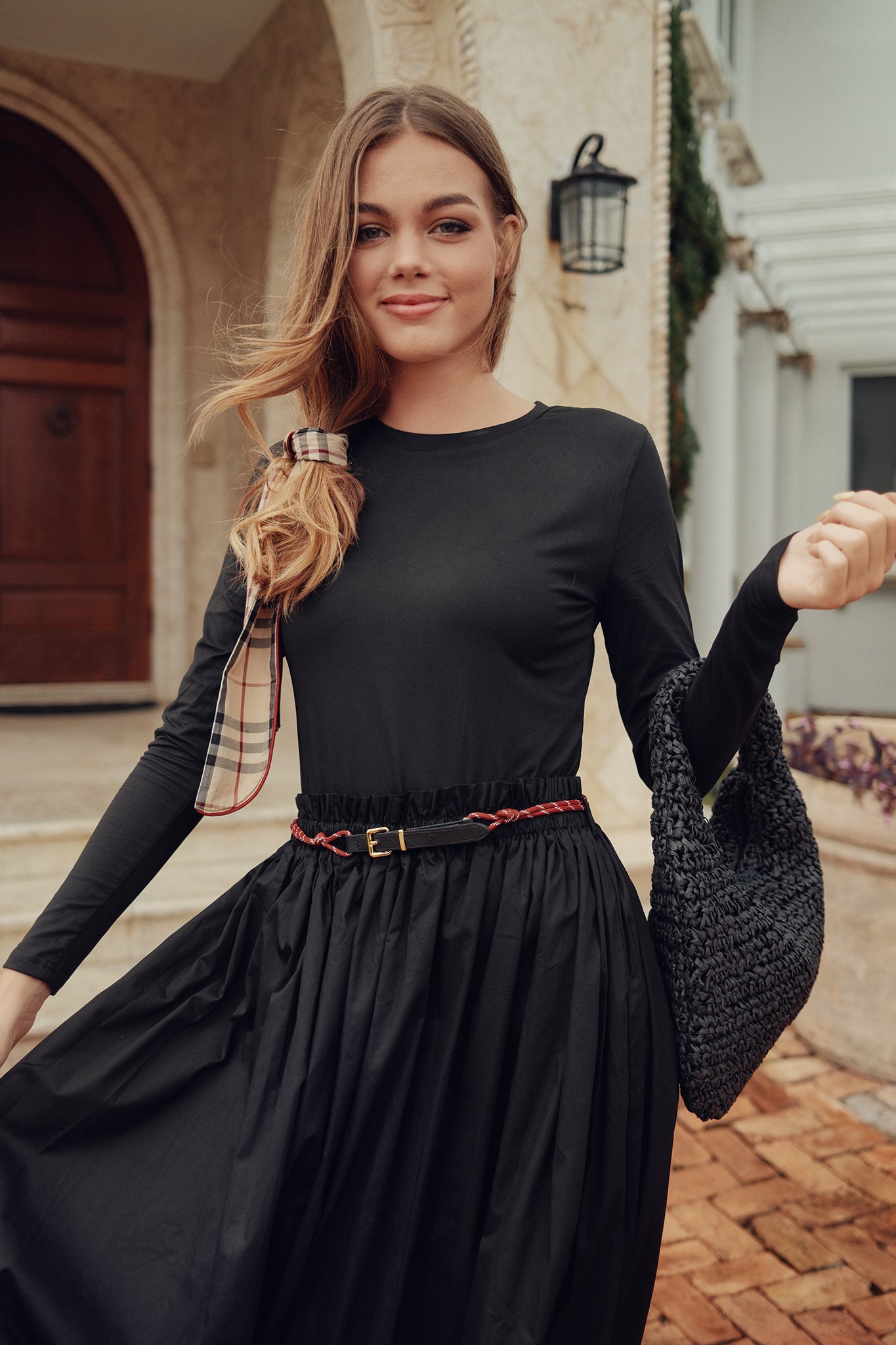 Gathered Skirt with Red Belt