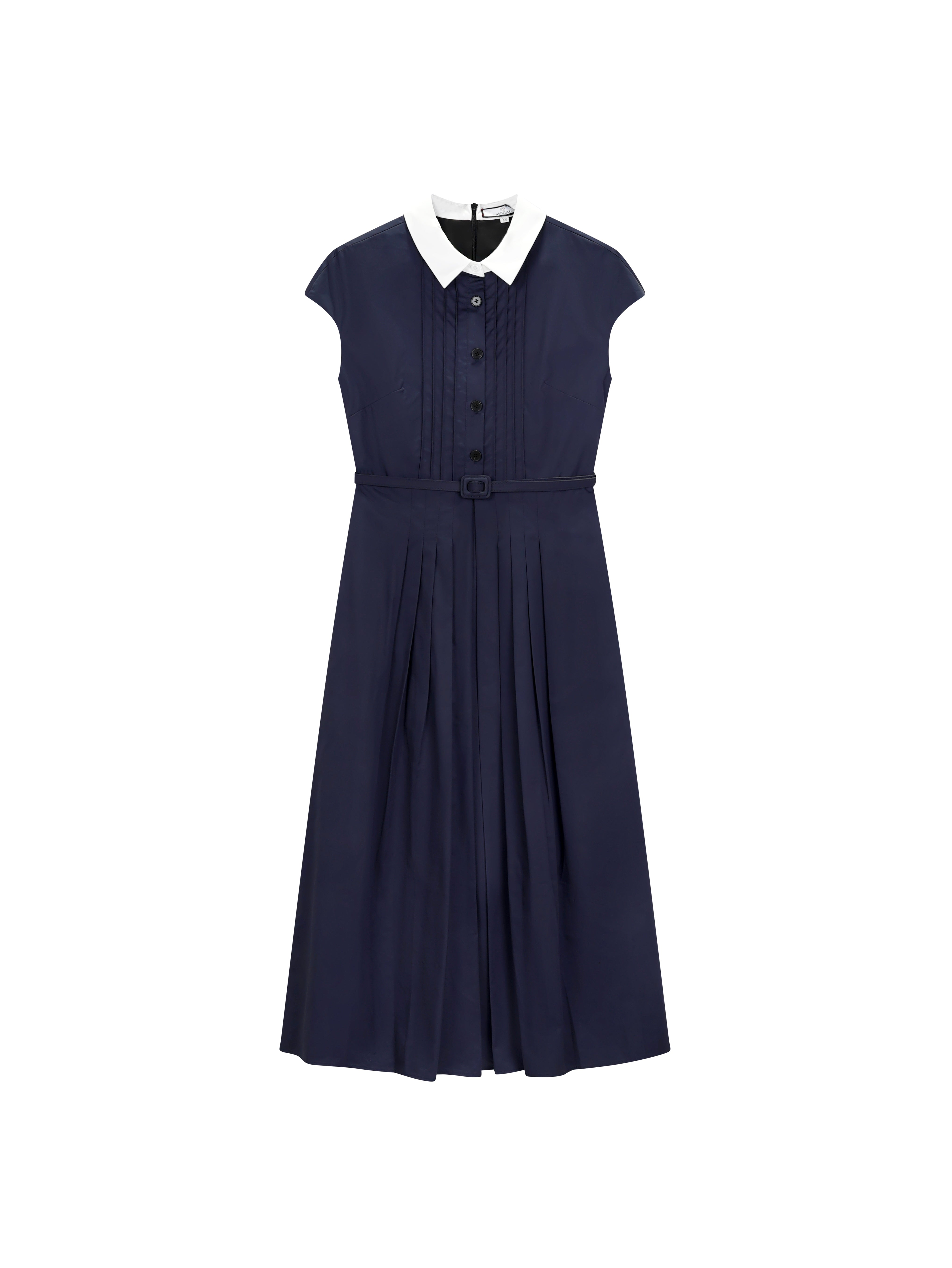 Pleated Navy Cotton Jumper with Belt