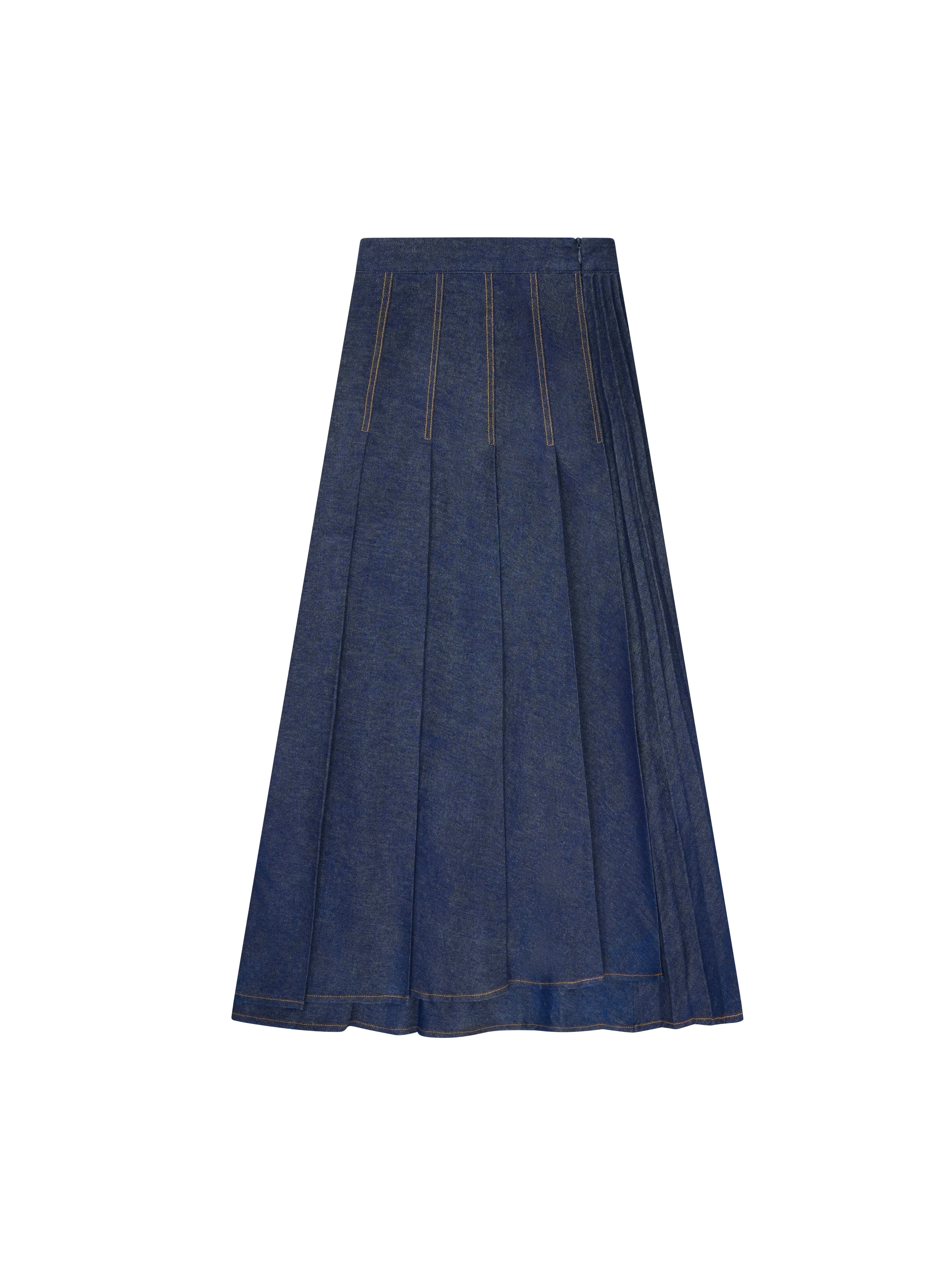 Wrap Look Pleated Denim Skirt