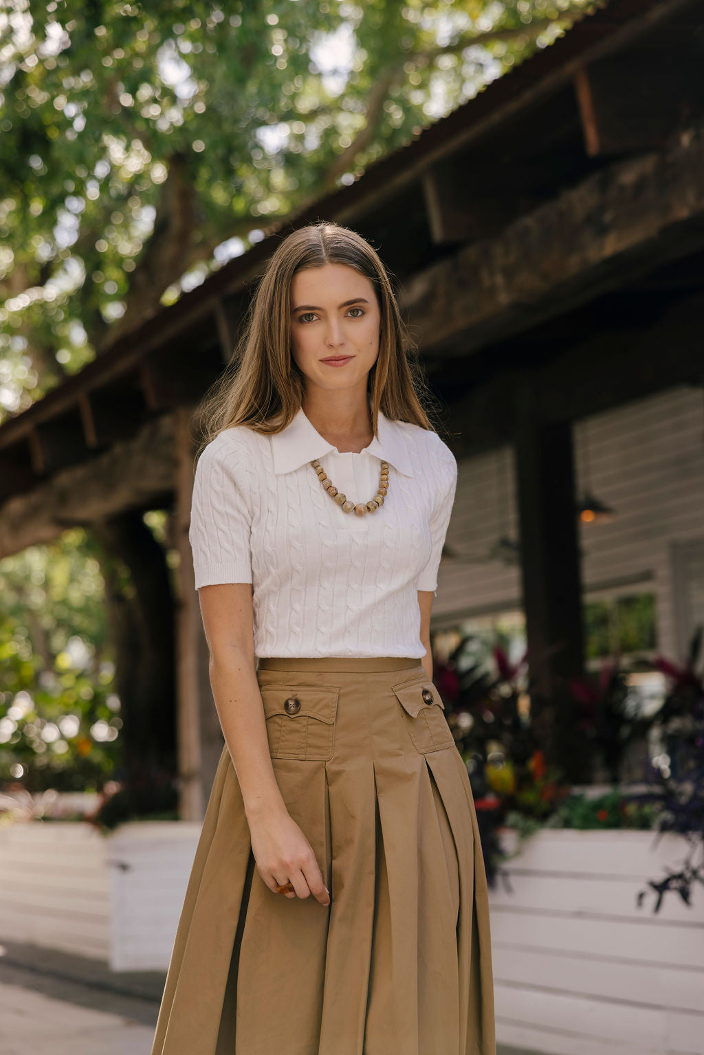 Button Pocket Pleated Skirt
