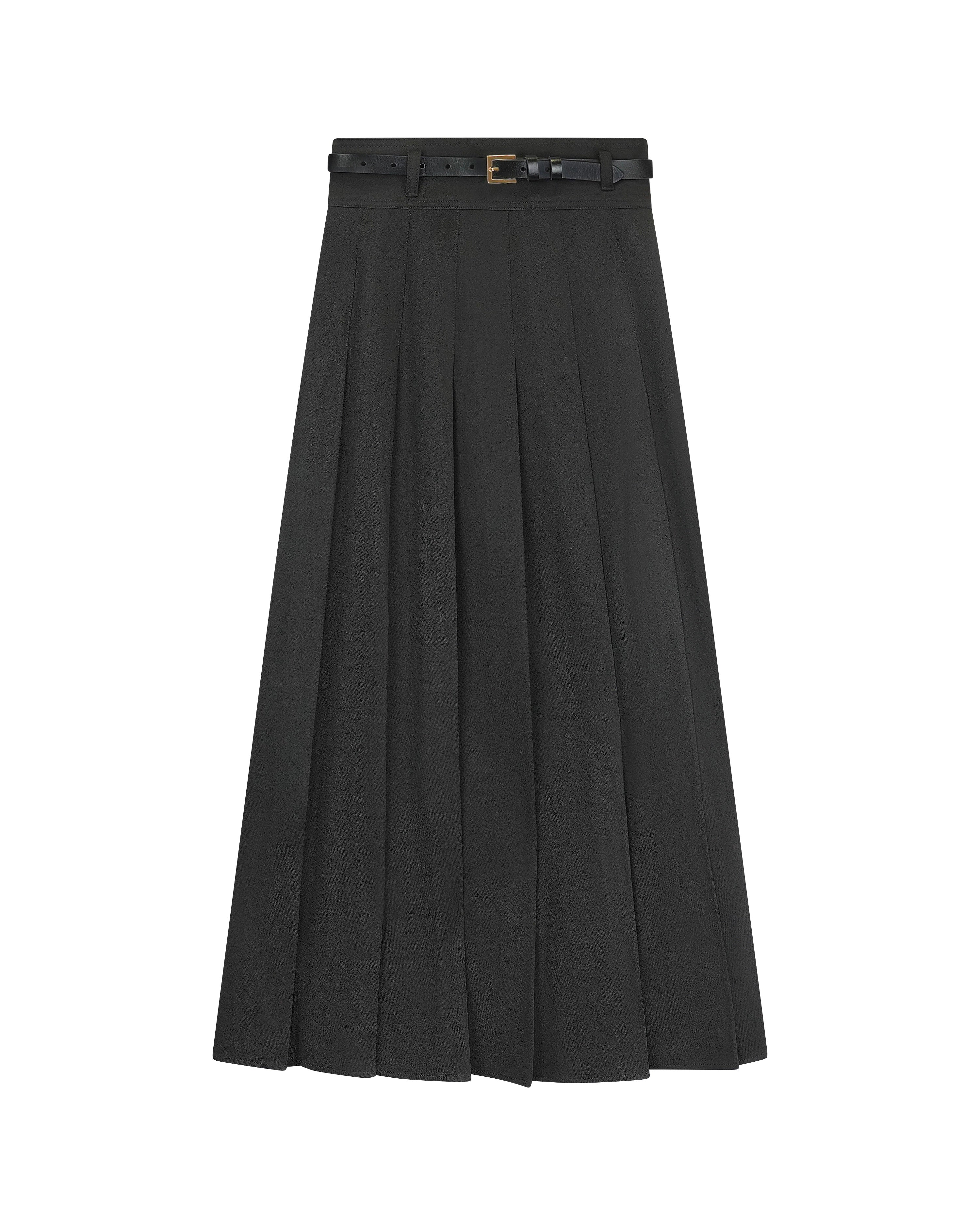 Silver Buckle Belted Pleated Skirt
