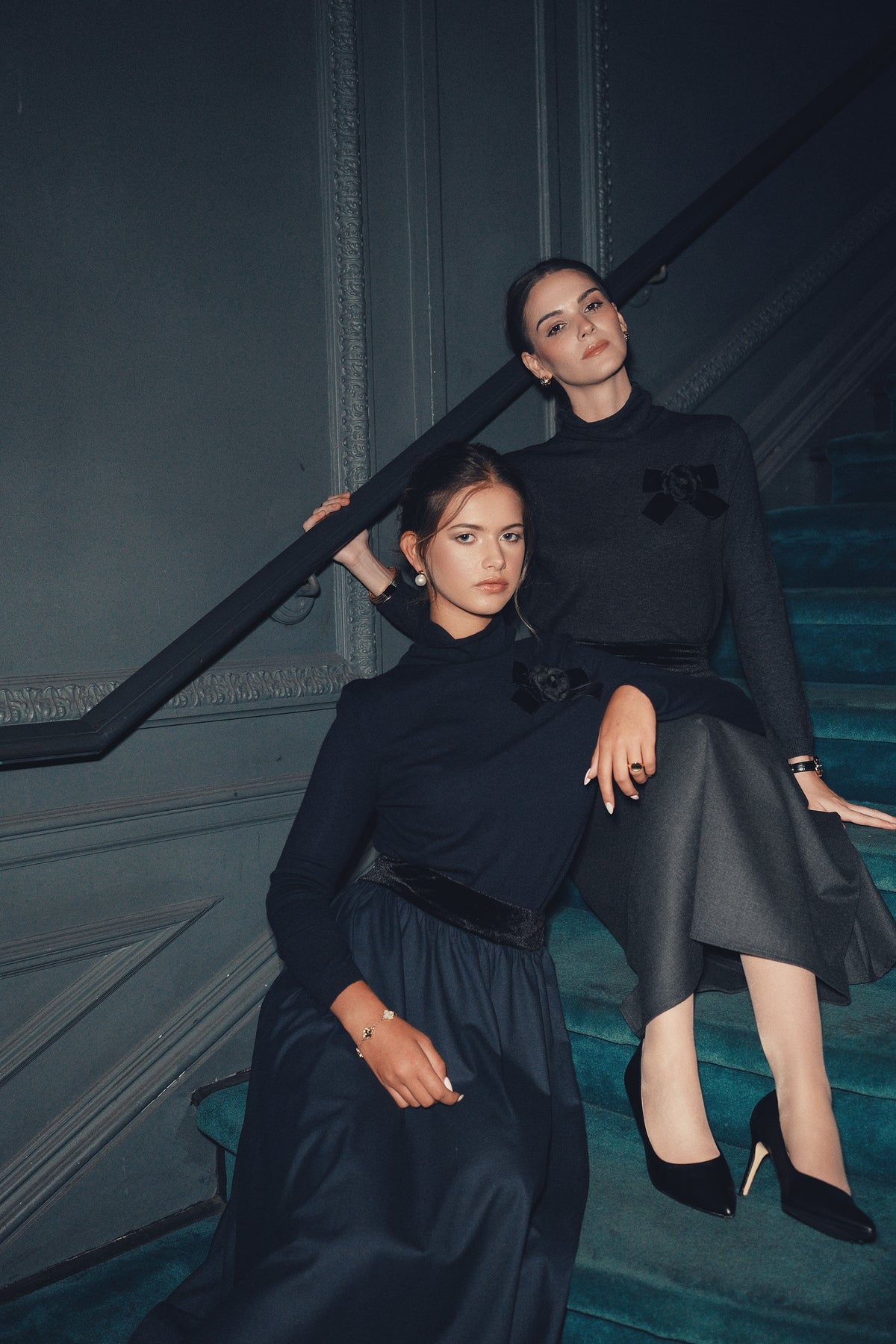 Knit Turtleneck And Gathered Dress Skirt With Velvet Waistband