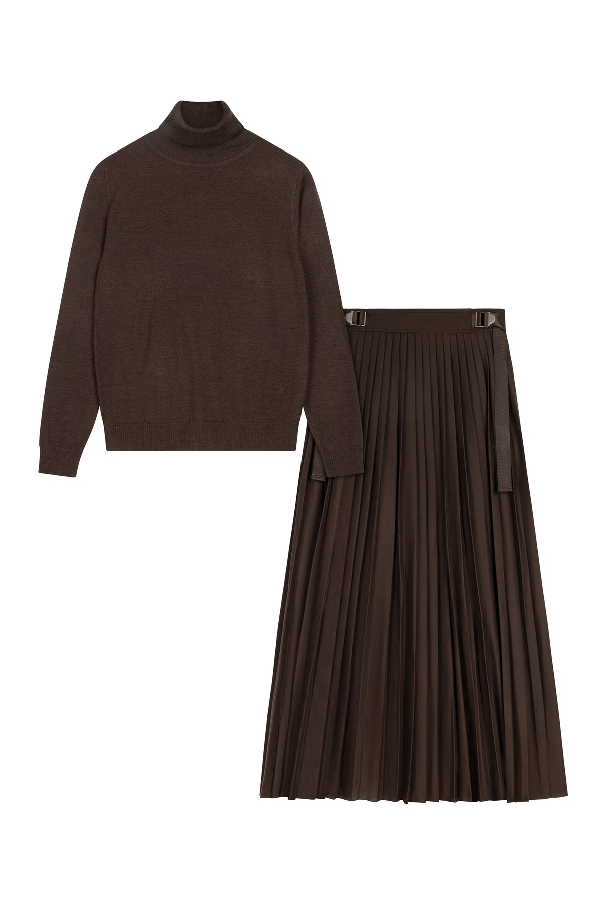Turtleneck Sweater And Micro Pleated Skirt With Buckle Detail On Waist