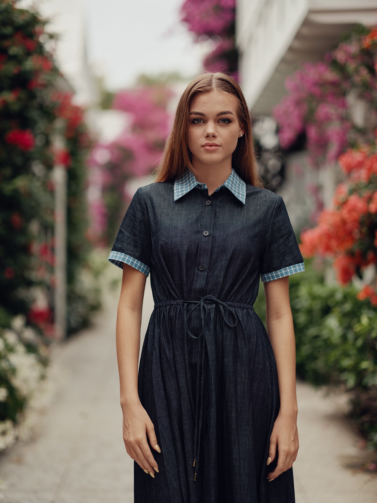 Denim with Plaid Collar Dress