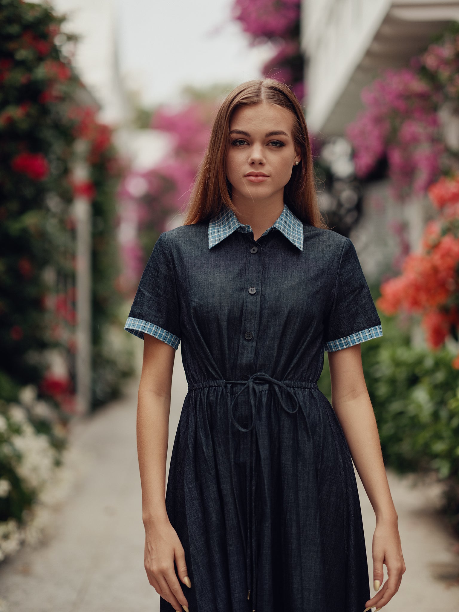 Denim with Plaid Collar Dress Denim with Plaid Collar Dress