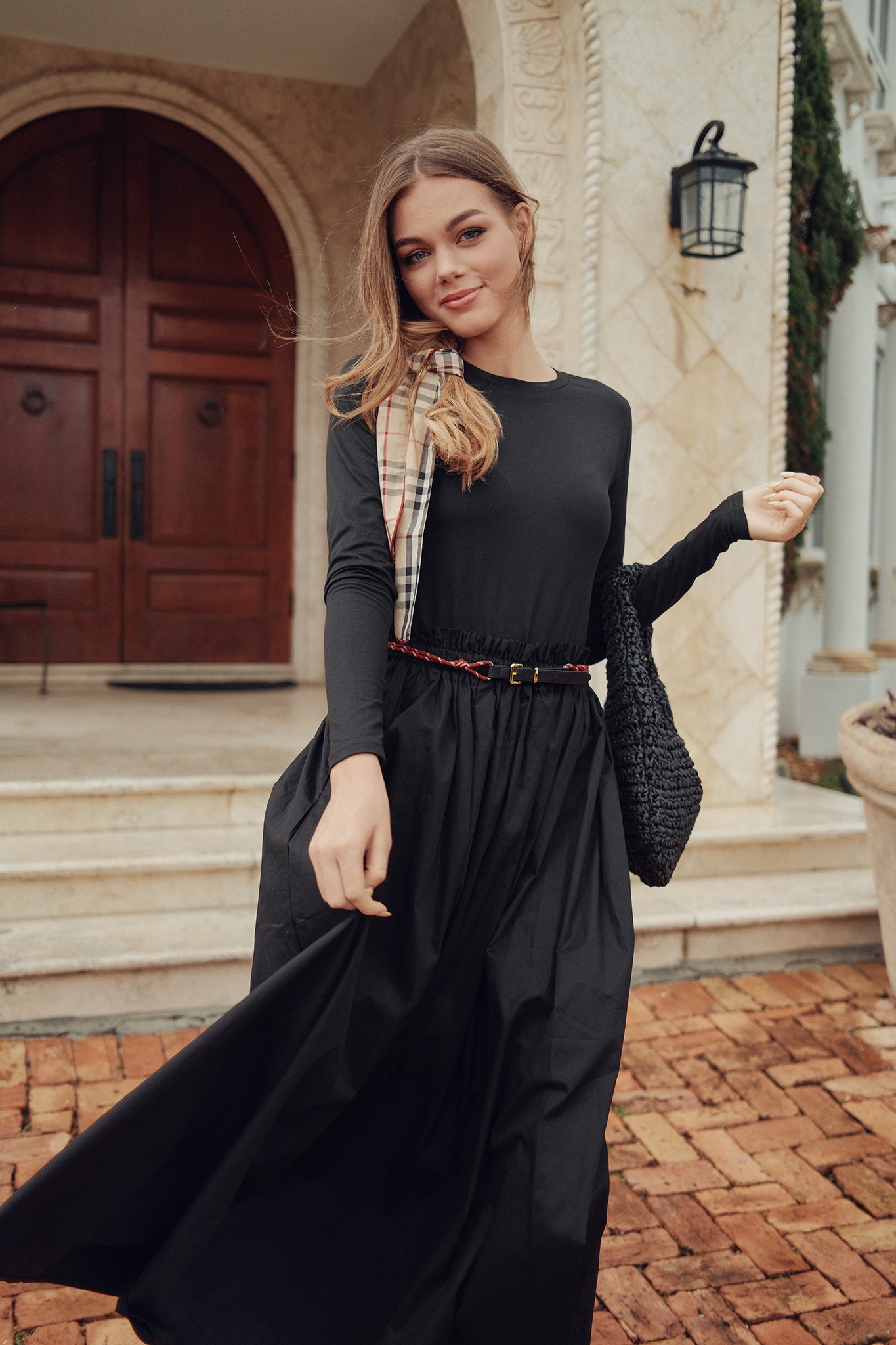 Gathered Skirt with Red Belt