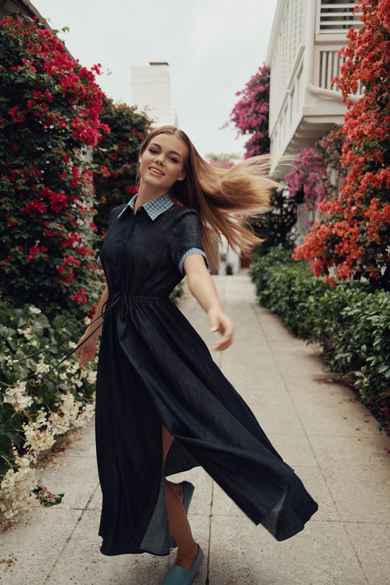 Denim with Plaid Collar Dress