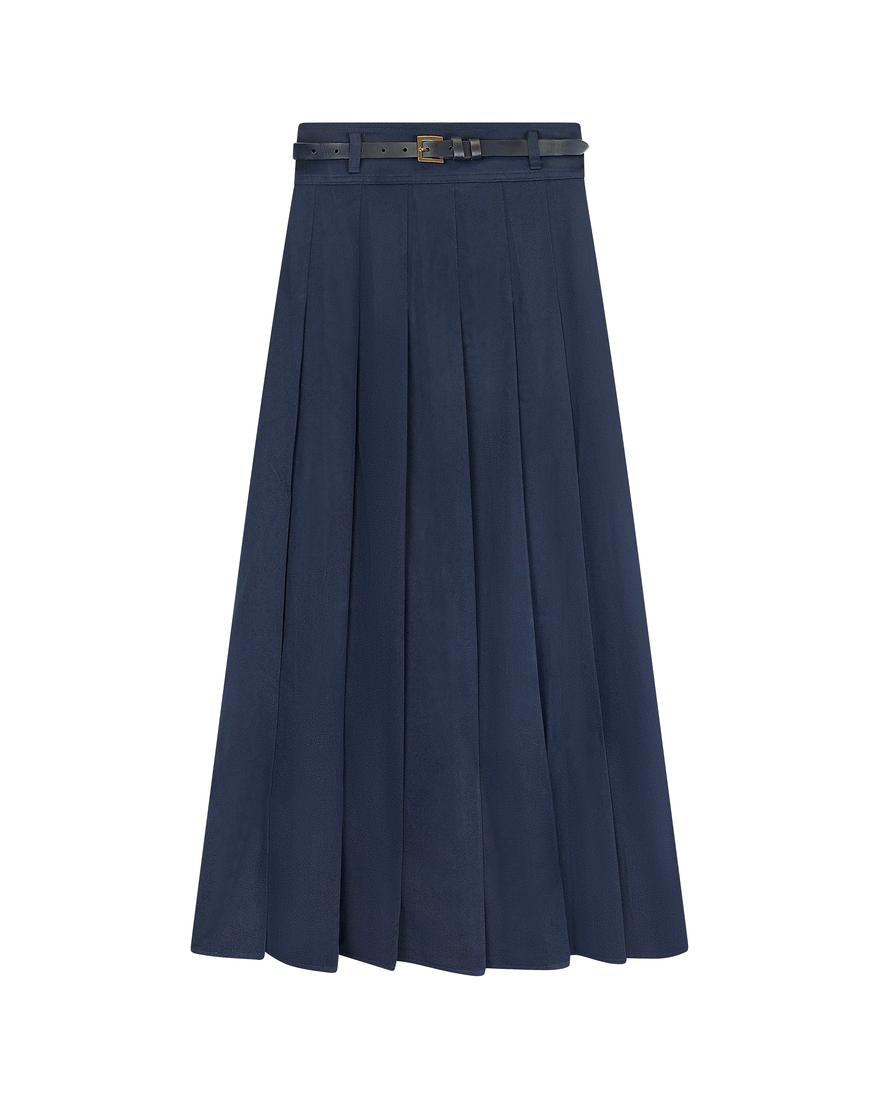 Silver Buckle Belted Pleated Skirt