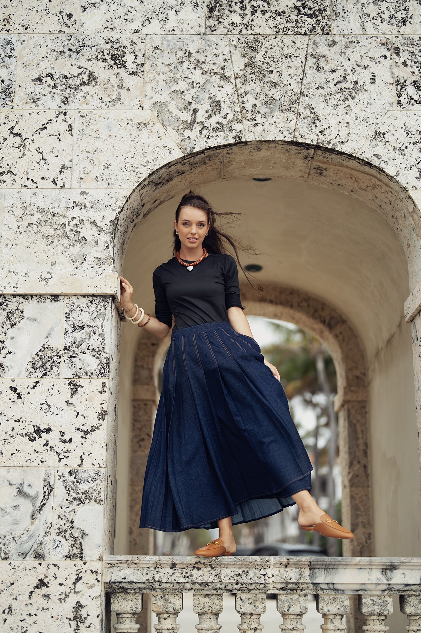 Wrap Look Pleated Denim Skirt