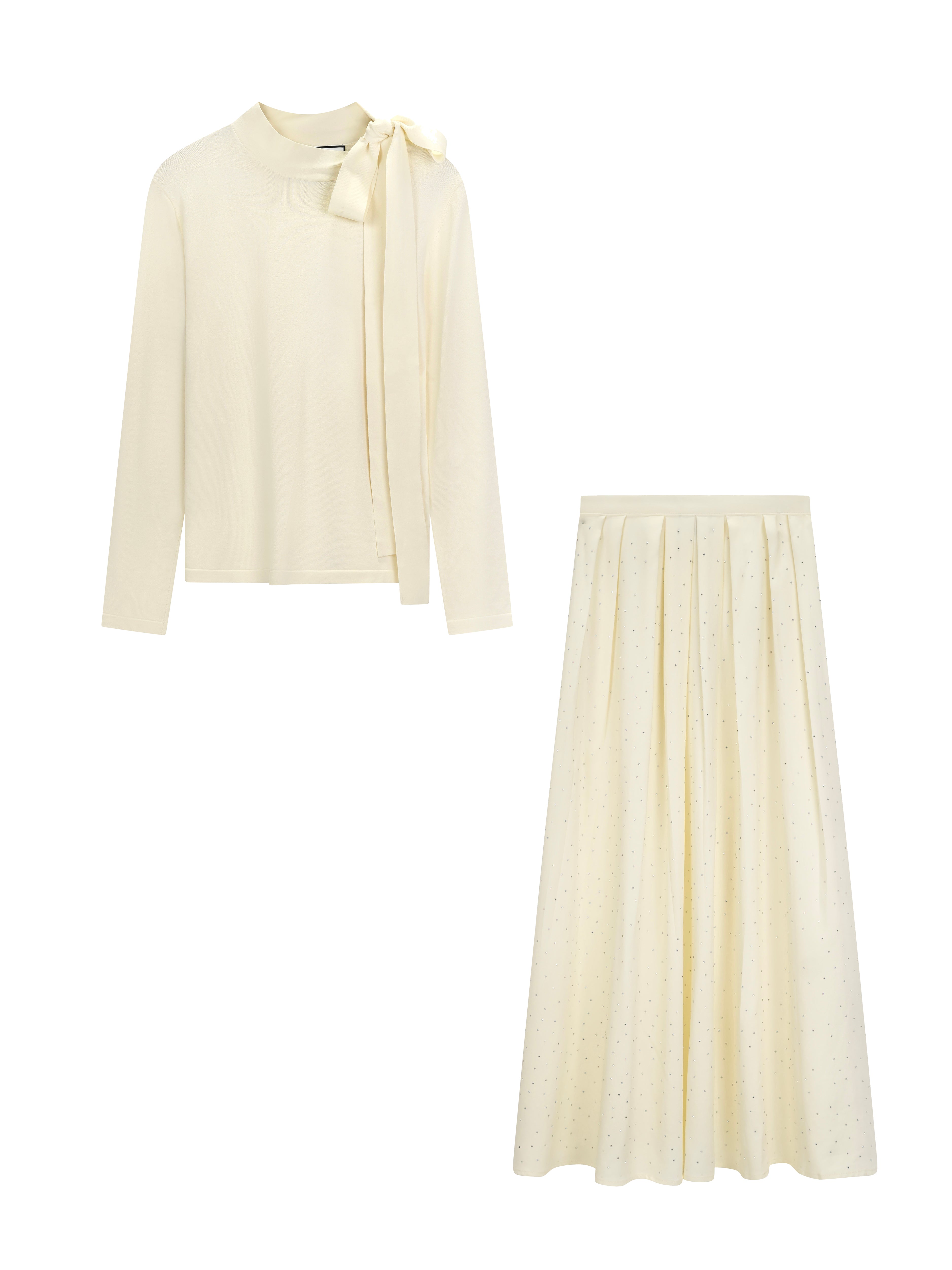 Side Bow Tie Sweater with Crystal Studded Dress Skirt
